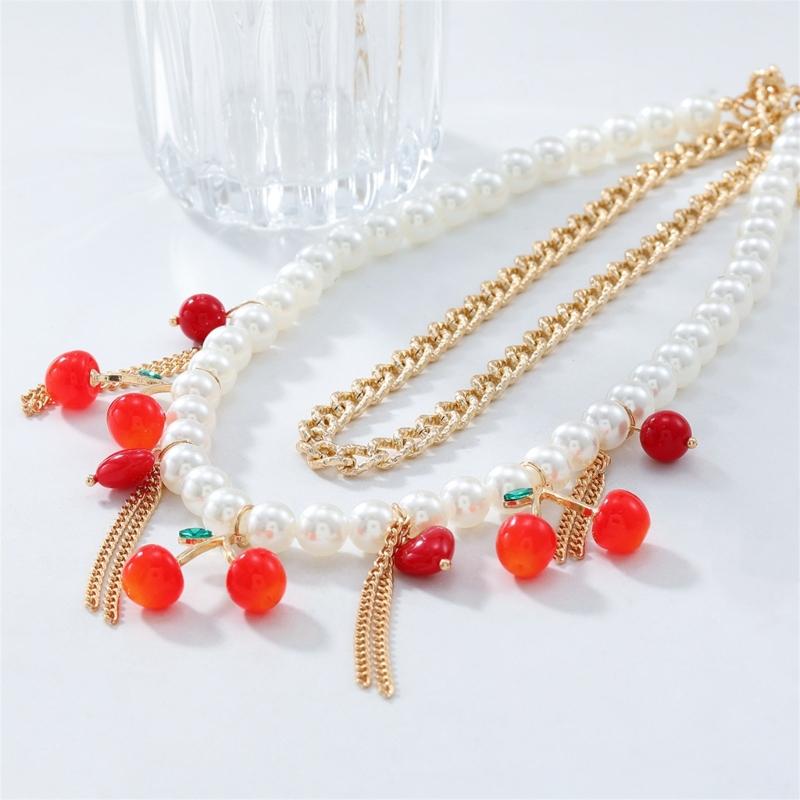 Stylish Cherrys Pendant Necklace With Double Layer Tassels Designs Decoration for Elegant Look Styles Daily Use