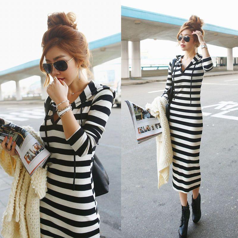 Cheap Spring and Autumn New Black and White Striped Long below the Knee