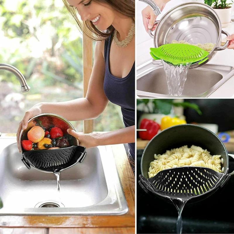 1Pc Silicone Clip on Strainer for Pasta Meat Vegetables Fruit, - Fit All Pots and Bowls