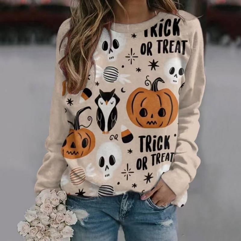 New Halloween Ladies Sweater 3D Digital Printing Pumpkin Bat Dark Pattern Crew Neck Long Sleeve Top