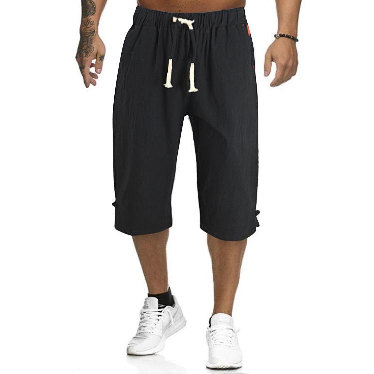 Herrenhose aus Baumwolle und Leinen, lässig, kurze Hose, Strandhose aus Leinen mit elastischer Taille