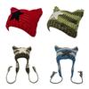 Cat Ear Beanie Hat for Women Harajuku Style Star Patched Earflap Hat Handmade Crochet Hat Y2K Sweet Winter Warm Headwear
