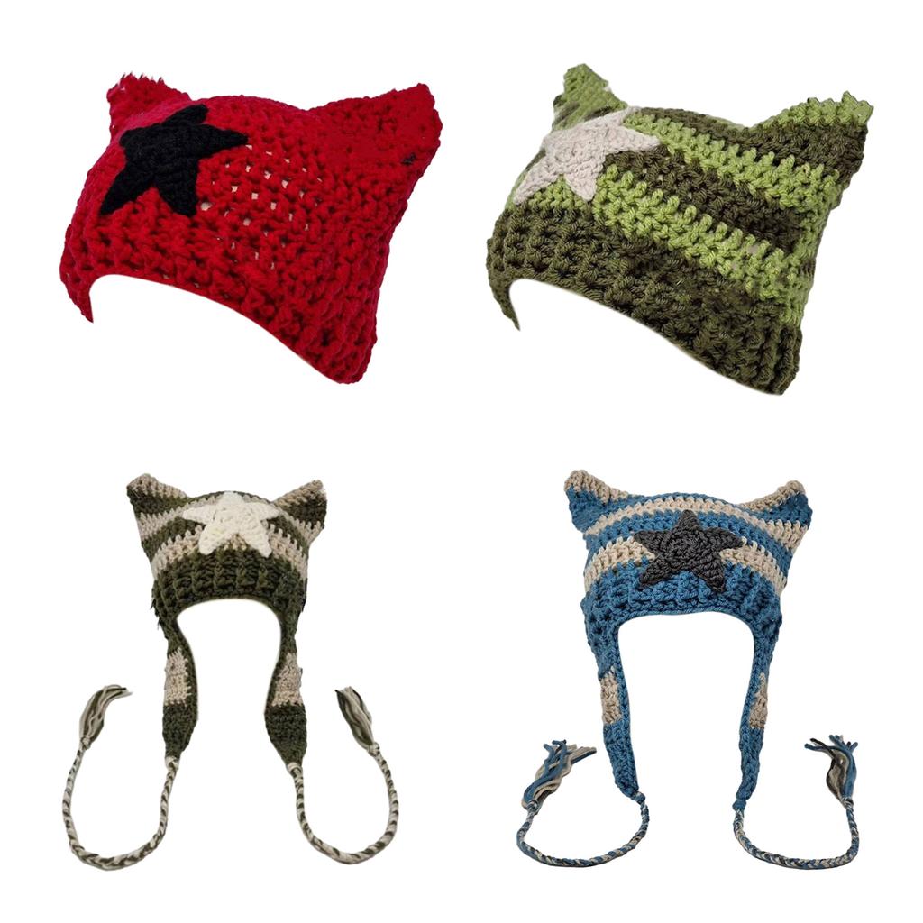 Cat Ear Beanie Hat for Women Harajuku Style Star Patched Earflap Hat Handmade Crochet Hat Y2K Sweet Winter Warm Headwear