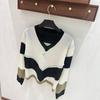 Trendy Knitted V-Neck Sweater: High-Quality, Color-Block Design with Letter Detailing, Perfect for Autumn and Winter.
