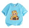 Cute Cartoon Orange Monster With Kitten Print Kids T-Shirt 100% Cotton Crew Neck Short Sleeve Tees for Boys Girls Casual Soft Breathable Summer Tops