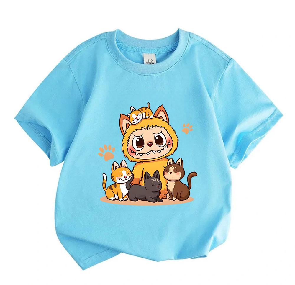 Cute Cartoon Orange Monster With Kitten Print Kids T-Shirt 100% Cotton Crew Neck Short Sleeve Tees for Boys Girls Casual Soft Breathable Summer Tops