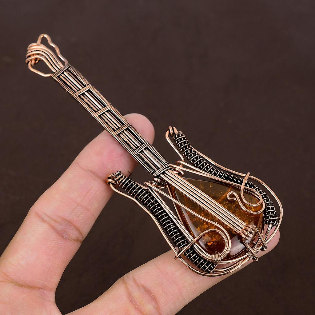 Baltic Amber Handmade Copper Wire Wrap Guitar Pendant 4.53" Q6K50