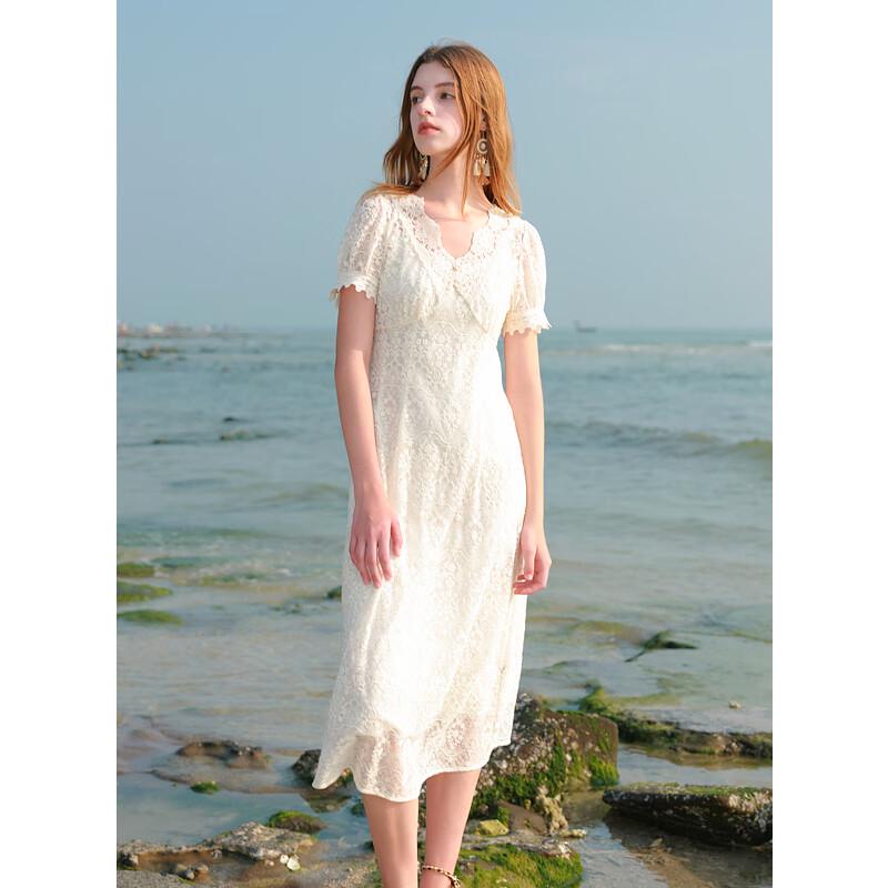 

Sancai 2025 Summer V-Neck Short Sleeve Lace Two-Piece High-Waist Dress Set M