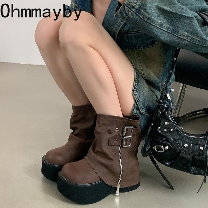 Thick Bottom Women Ankle Boots Designer Belt Buckle Platform Heel Shoes Autumn Winter Modern Short Booties