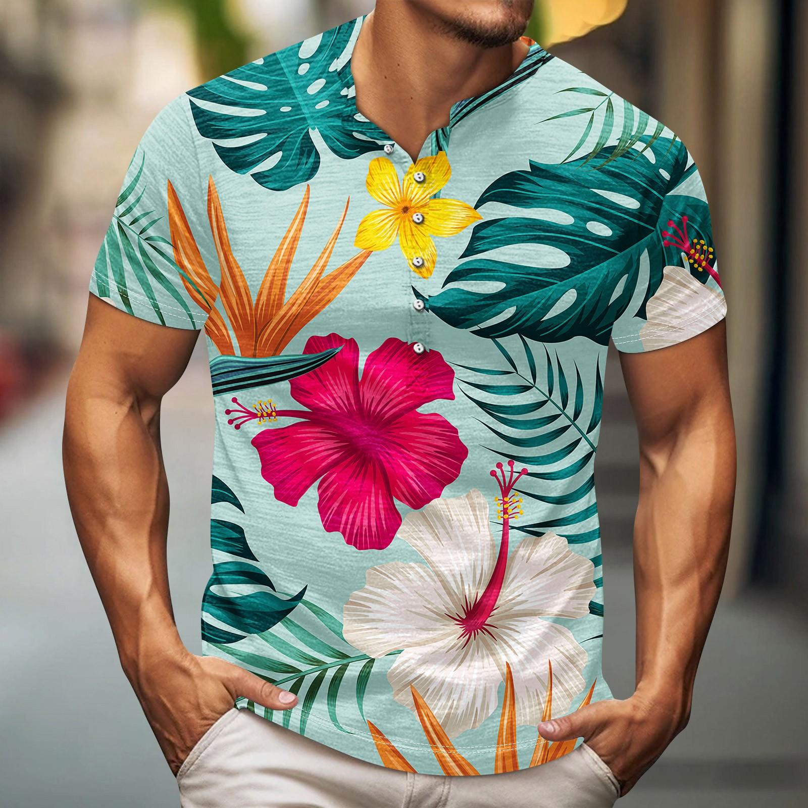 Мужская футболка с принтом на открытом воздухе, свободный топ с короткими рукавами на пуговицах в стиле ретро L циан