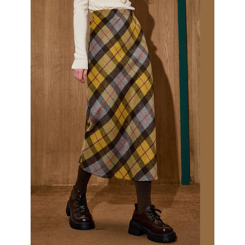 Coolhut American Retro High-Waisted Slimming A-Line Woolen Plaid Warm Casual New Winter Skirt