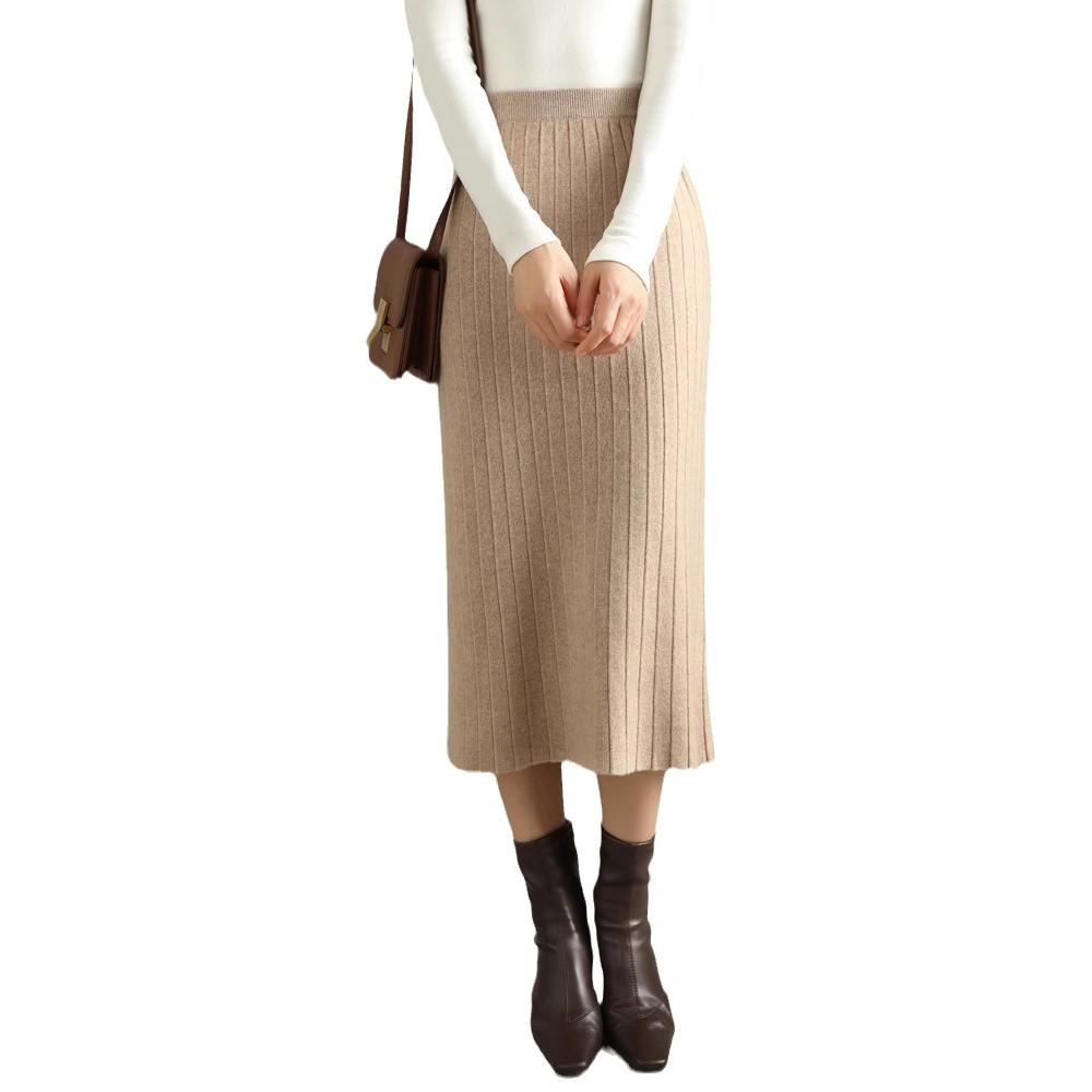 Women's Slim Fit Vertical Stripe Wool Midi Skirt - Versatile Cashmere Knit