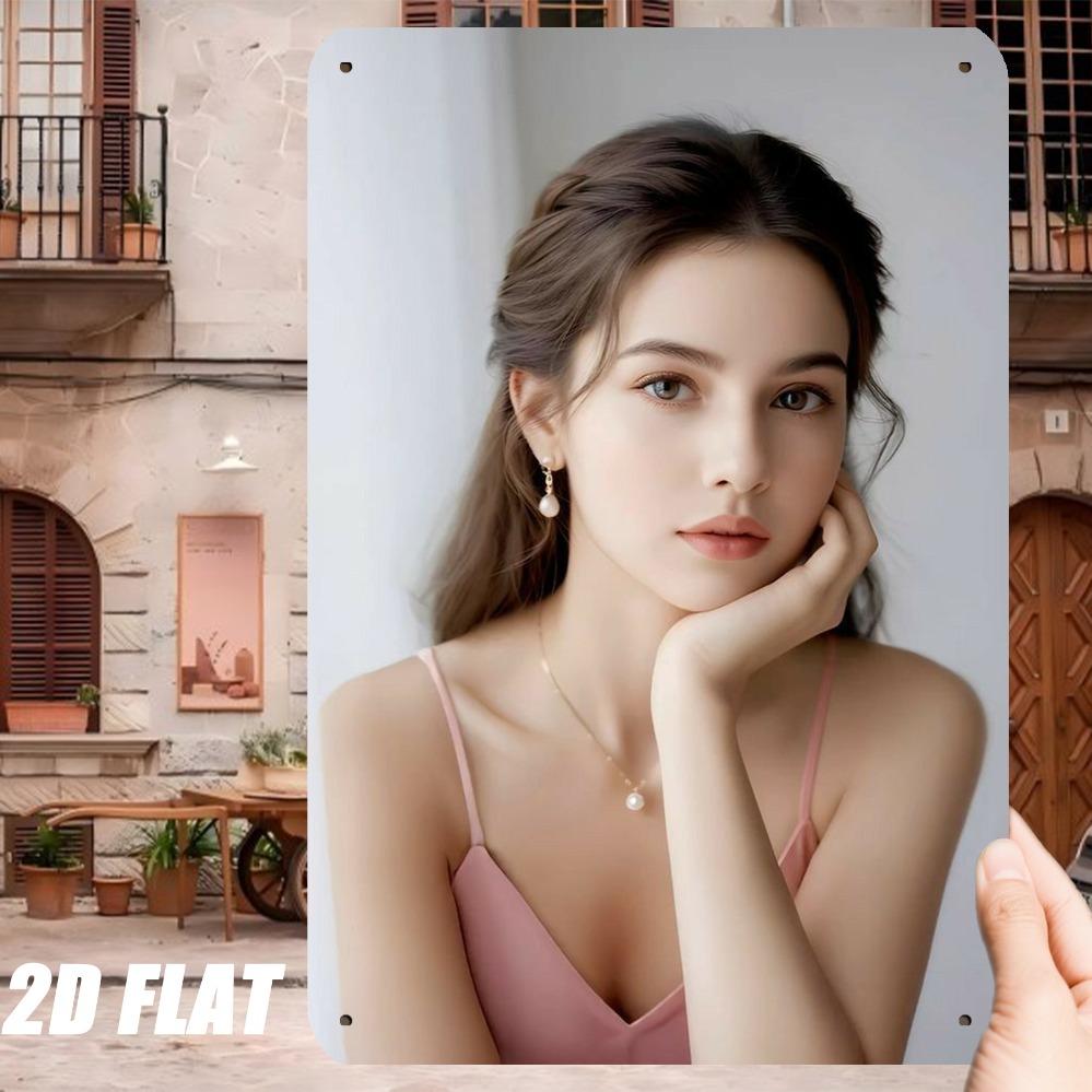 HD Metal Tin Sign Elegant Young Woman Pink Cami Top Pearl Jewelry Portrait Wall Art Decor