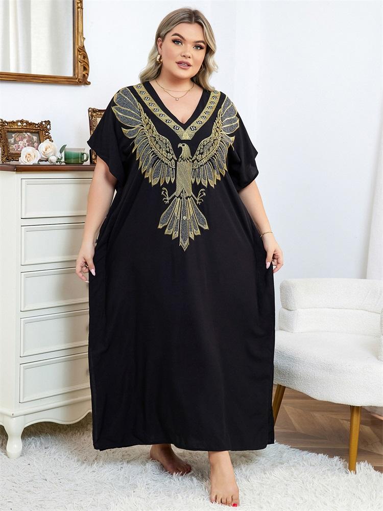 EDOLYNSA Vintage V-neck Gold Eagle Embroidery Plus Size Black Kaftan Robe Women's Long Dress Summer Holiday Beachwear Swimsuit Coverup Q1682