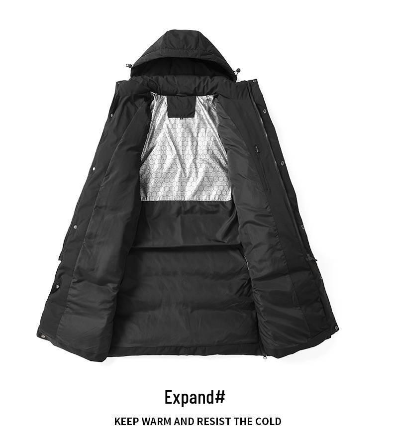 Neue nationale Norm 80 Daunenjacke aus weißer Entendaune: Unisex Kniehoher Winter-Trainingsmantel