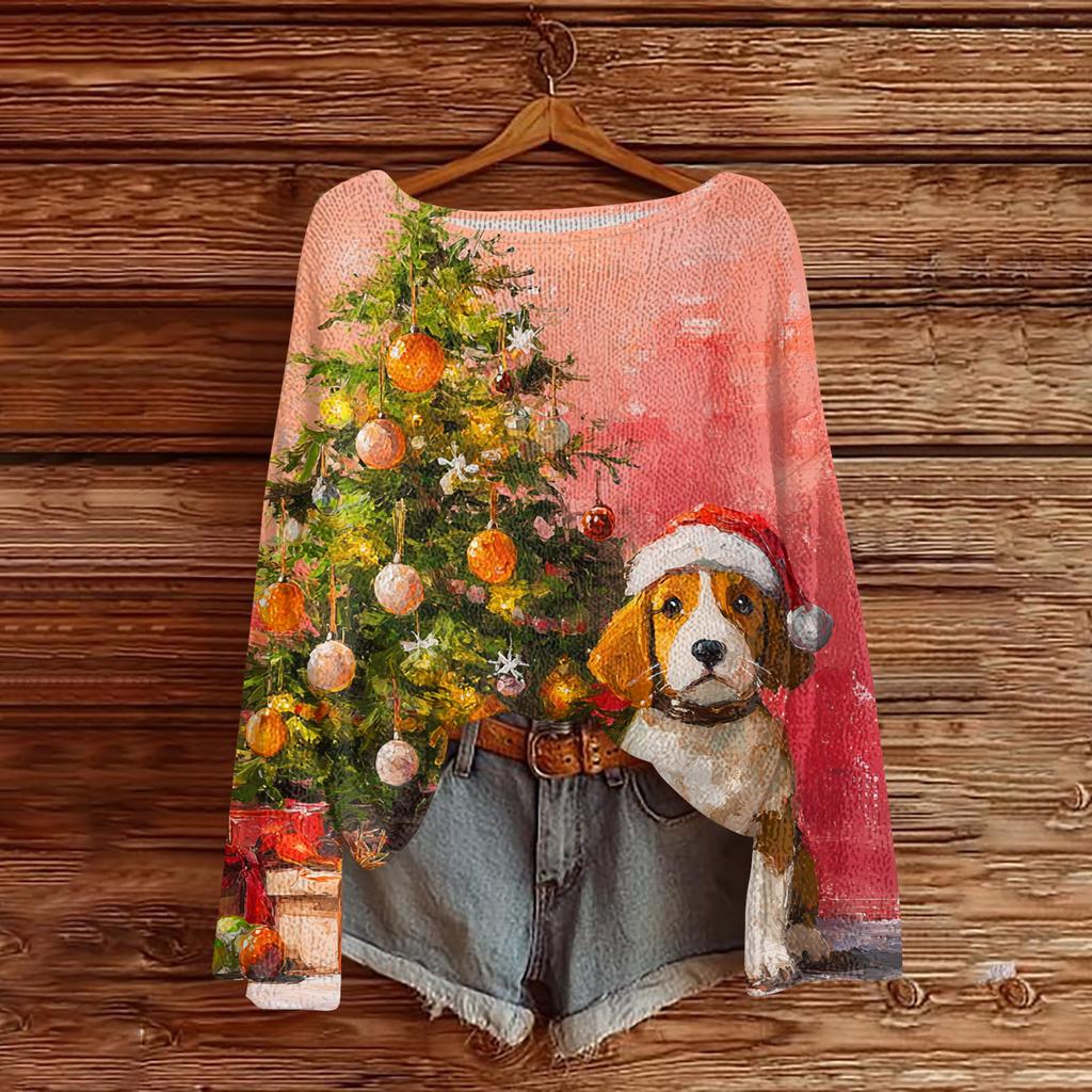 Women's Casual Fashion Round Neck Top Christmas Print Long Sleeve Knit Pullover