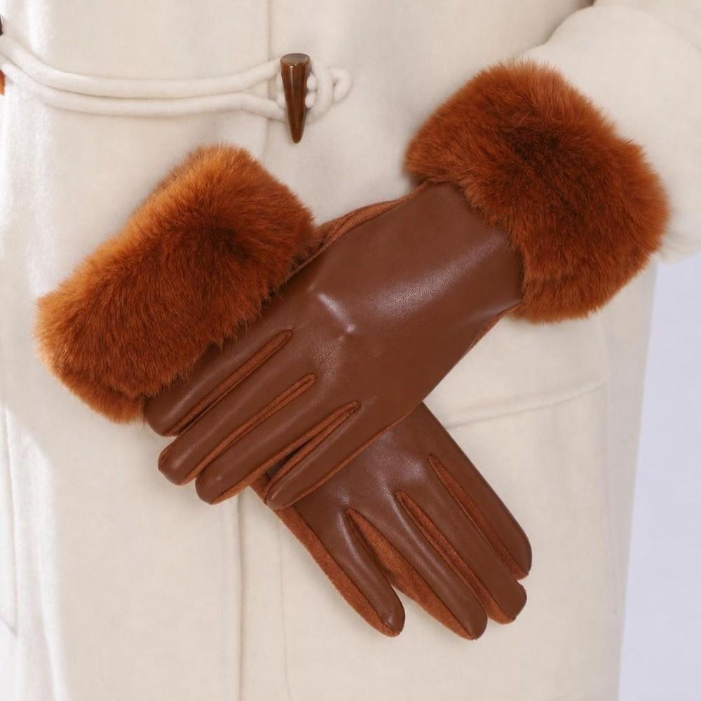 Faux Fur Trim Winter PU Leather Gloves Fluffy Cycling Windproof Gloves Women