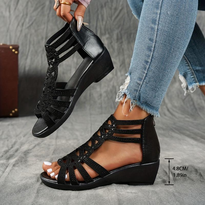 Elegant Women'S Sandals with Rhinestone Embellishments, Open-Toe Ankle Strap, Lightweight Comfortable Summer Shoes In Black & Beige