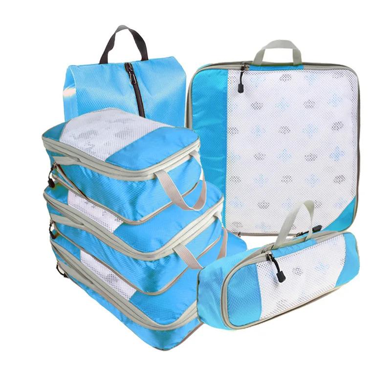 6PCS Mesh Visual Luggage Portable Packing Cubes Lightweight Suitcase Bag Compressed Travel Storage Organizer Set with Shoe Bag