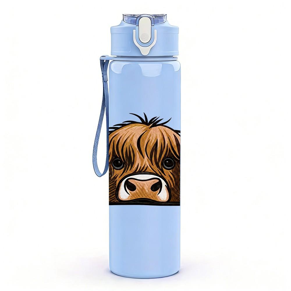 1PC Highland Cow Horned Animal Pattern 750ml Color Plastic Sports Water Bottle Leakproof Flip Straw Lid Suitable for Sports Office Home Use