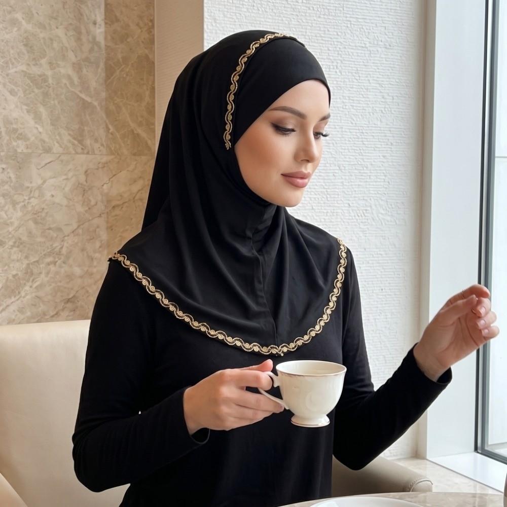 Comfortable Breathable Instant Headscarf Gold Lace Fabric Full Cover Neck Underscarf Spandex Plain Hijab Scarf Women