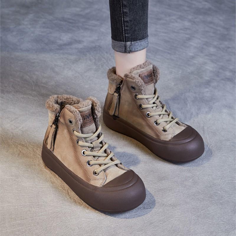 Johnature Retro Plüsch Warme Kurze Stiefel Echtes Leder Doppelreißverschluss Dickbesohlte Damenschuhe