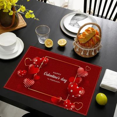 4 Stück/6 Stück/8 Stück Valentinstag-Themen-Platzsets, Leinen-Platzsets für Zuhause, Küche, Restaurant, modischer Druck, Tischsets für Feiertagspartys