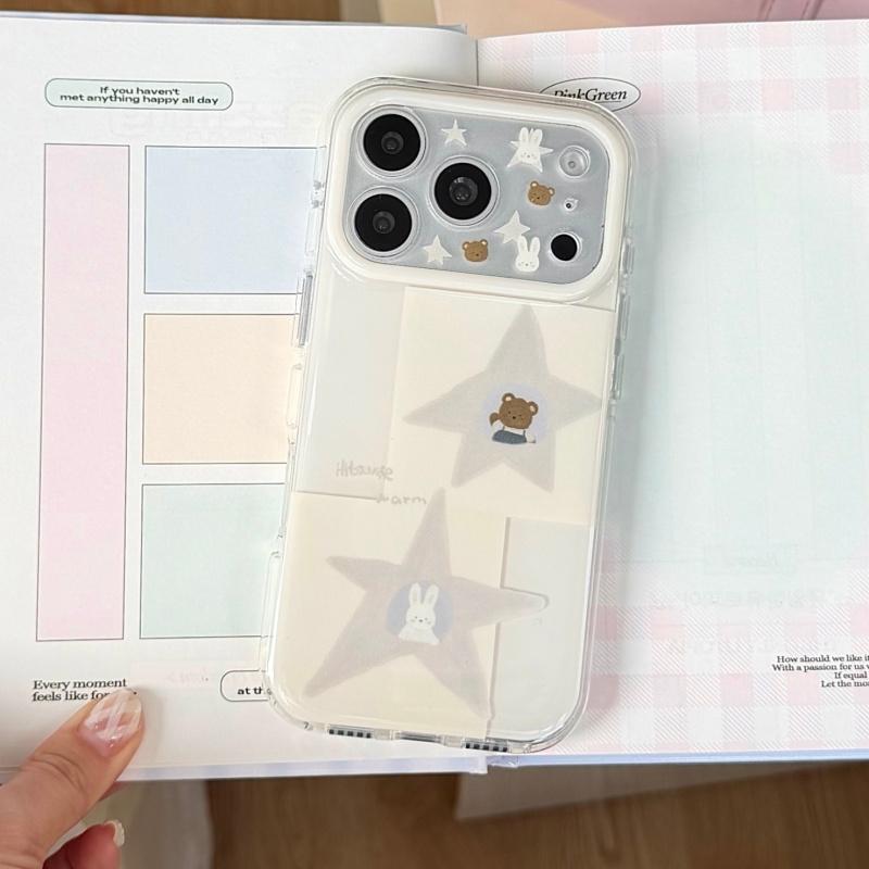 Lovely Star Rabbit Bear Cartoon Phone Case For iPhone 17 16 Pro 14 15 Pro Max Protective Cover Cases with Chain For Apple 17 Pro