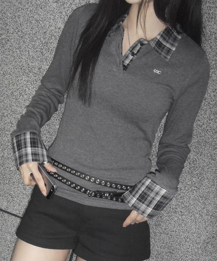 CHICKS Check Point Slim Collar Long Sleeve Charcoal