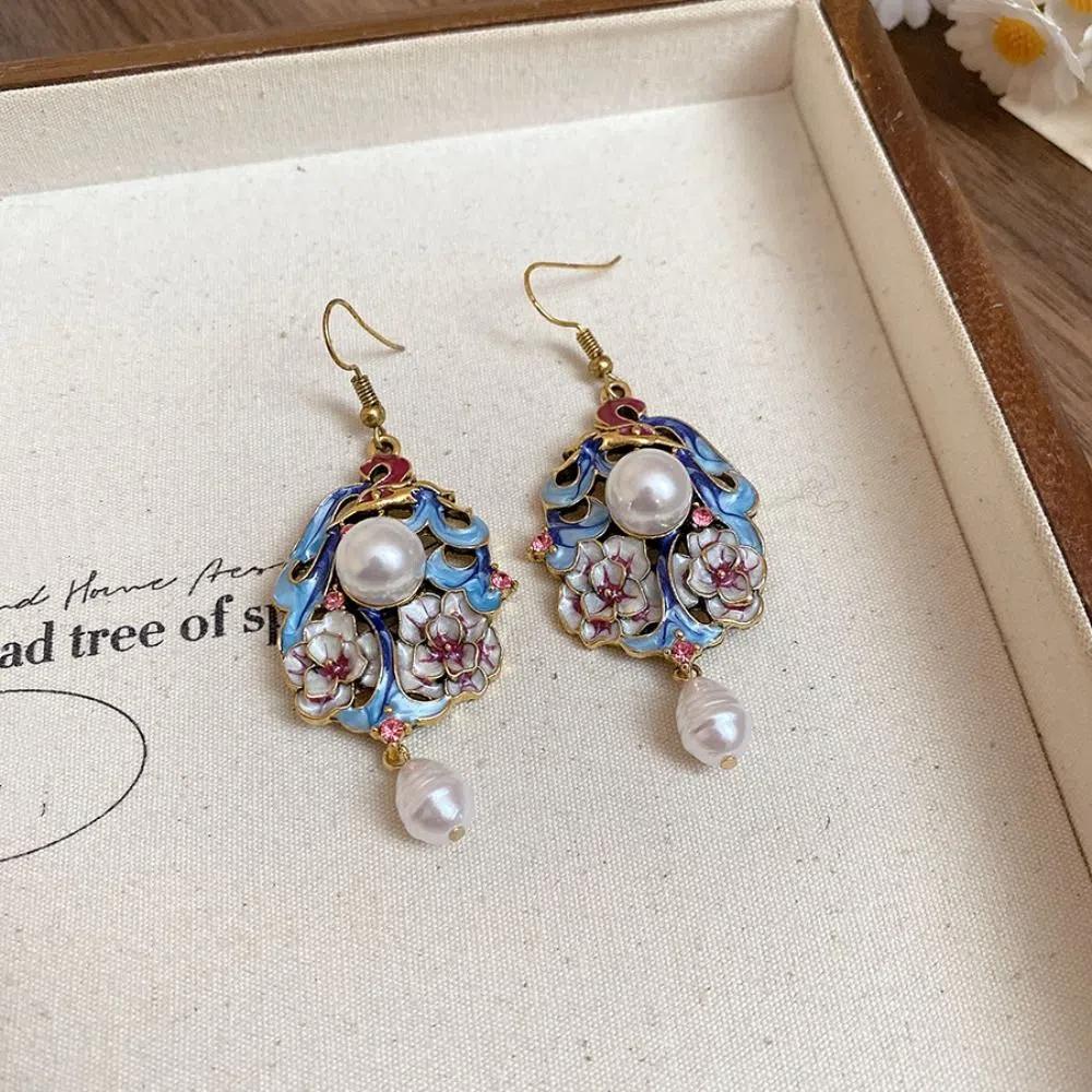 Exquisite Vintage Earrings Flower Chinese Style Earrings Retro Cloisonne Drop Earrings  Hanfu