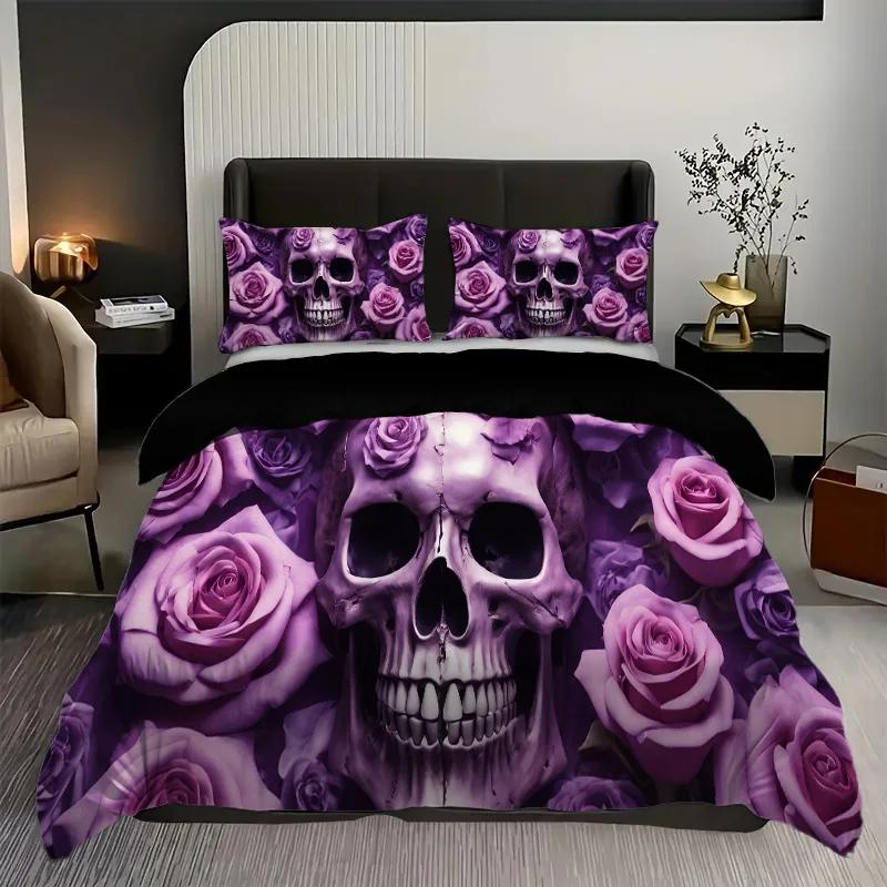 Purple Rose Skull Pattern 3D Print Duvet Cover Fashion Halloween Gothic Style Bedding Set With Pillowcase Polyester Quilt Cover