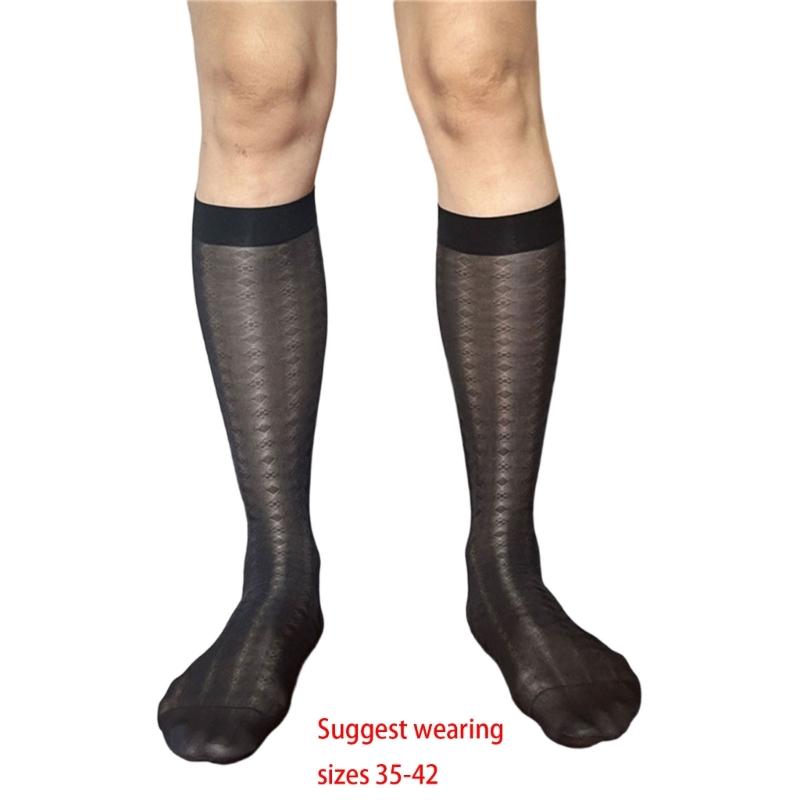 Men Thin Business Dress Socks Stretchy Nylon Sheer Knee Highs Dress Socks Over the Calf Dress Socks Sheer Casual Socks