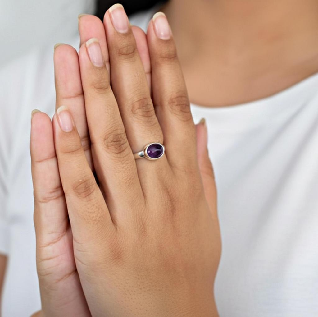 Purple Amethyst Oval Gemstone Ring in 925 Sterling Silver, Minimalist Handmade Statement Jewelry