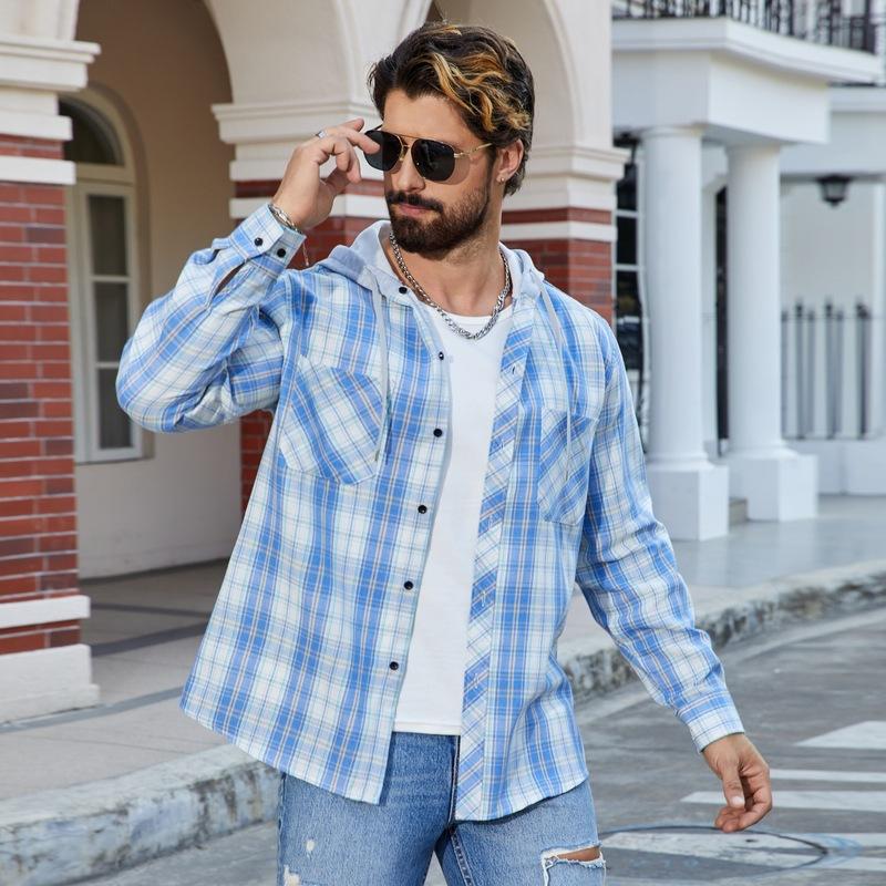 Men's Button Up Shirts With Hooded Long Sleeve Casual Vintage Soft Plaid with Pocket Slim-Fit Cowboy Work Shirts Breathable Hoodie Shirts for Men