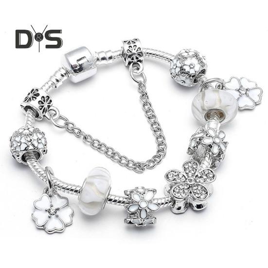 Women Bangle Multi Flower Clover Pendant Secure Closure Rhinestone Decor Alloy Adjustable Bracelet Prom Dating Work Wrist Jewelry