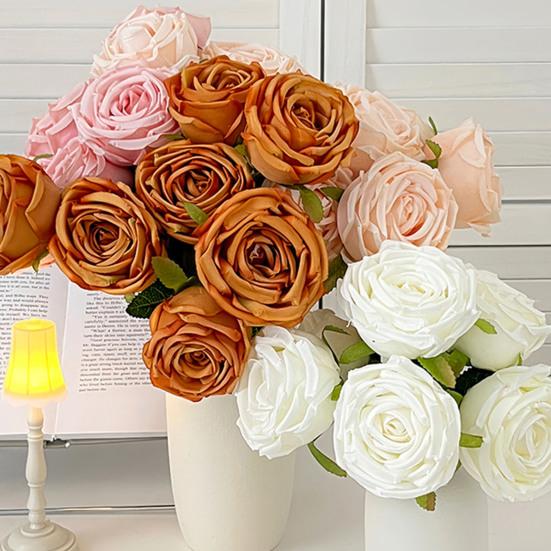 Artificial Rose Flower for Flower Arrangement 7 Heads Full Blooms Faux Silk Rose Bouquet with Stem for Home Office Party Wedding Decoration