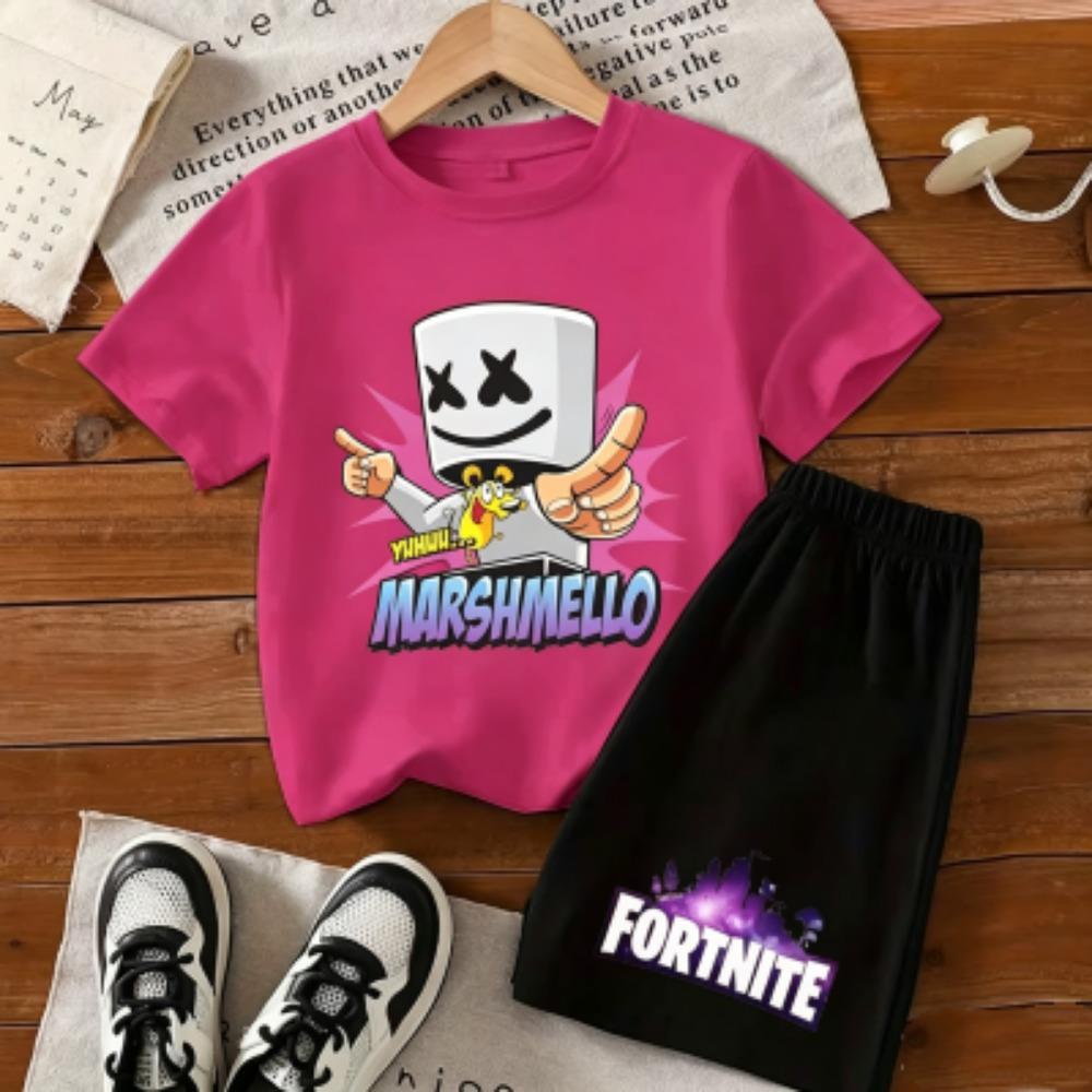 Fashion Cartoon Figure Fun Printed 11 Colors Kids T-shirt and Shorts 2 Piece Set Summer Home Outdoor Casual Outfit Boy and Girl's Sports Set