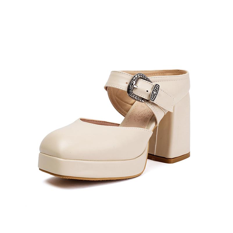 

ANNYMOLI Women Mules Round Toe Chunky High Heels Buckle Platform Mary Janes Pumps Ladies Fashion Shoes Spring Autumn 46 39 бежевий