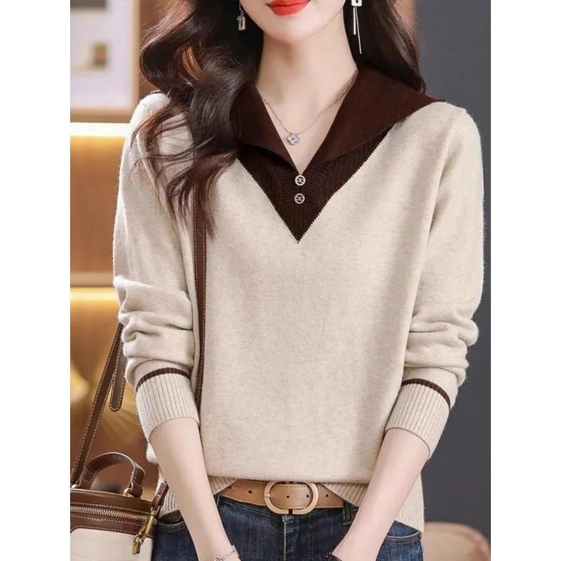Women's Autumn/Winter Clothing Patchwork Casual Sweaters Long Sleeve Knit Pullover Elegant V-neck Top