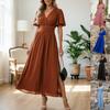 European and American Cross-border Foreign Trade New Women's Clothing Solid Color Dark V-neck, Waist Long Skirt, Split Skirt Dress Women