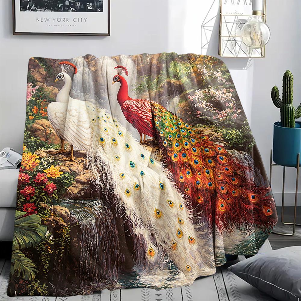 Peacock Print Flannel Blanket, High quality Comfortable for All Seasons, Home Decor, Warmth and Comfort, Perfect for Christmas Gifts