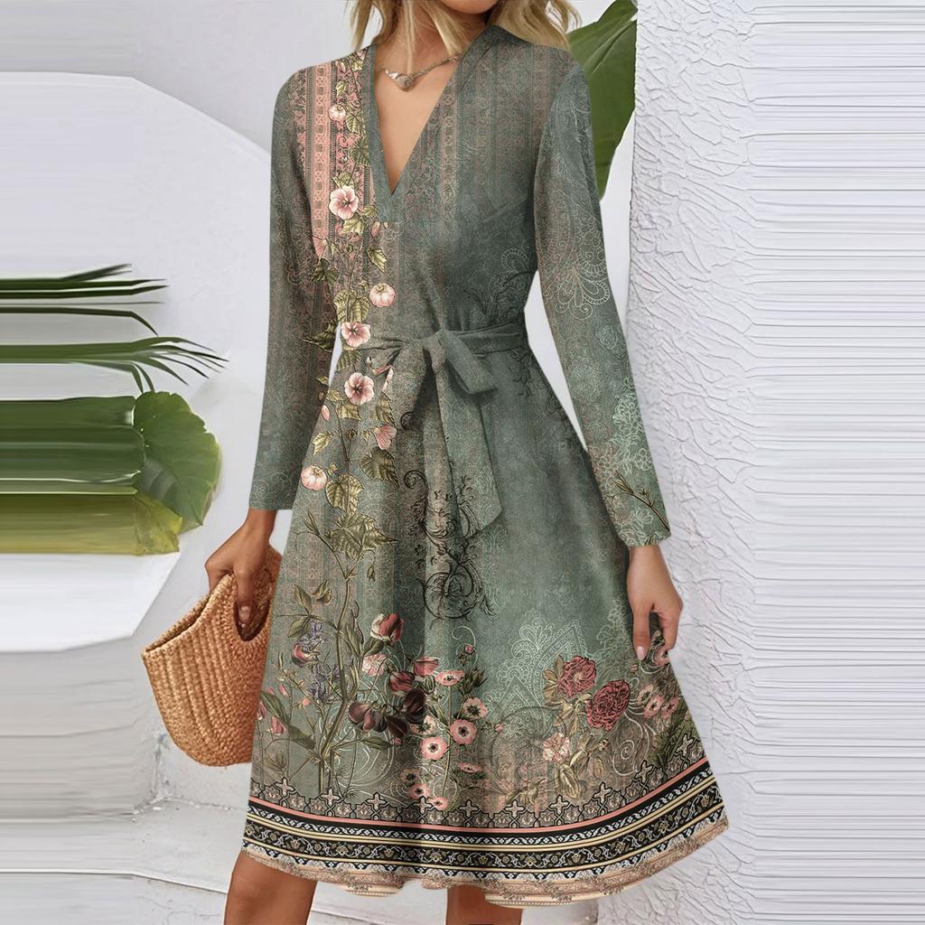 Women's Fashion Casual V-Neck Long Sleeve Waist Retro Printed Midi Dress
