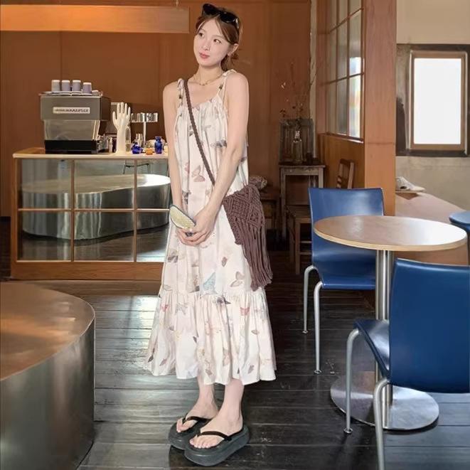Bohemian Retro Sweet Long Dress Butterfly Print Dress Super Fairy Floral Beaded Loose and Thin Suspender Skirt