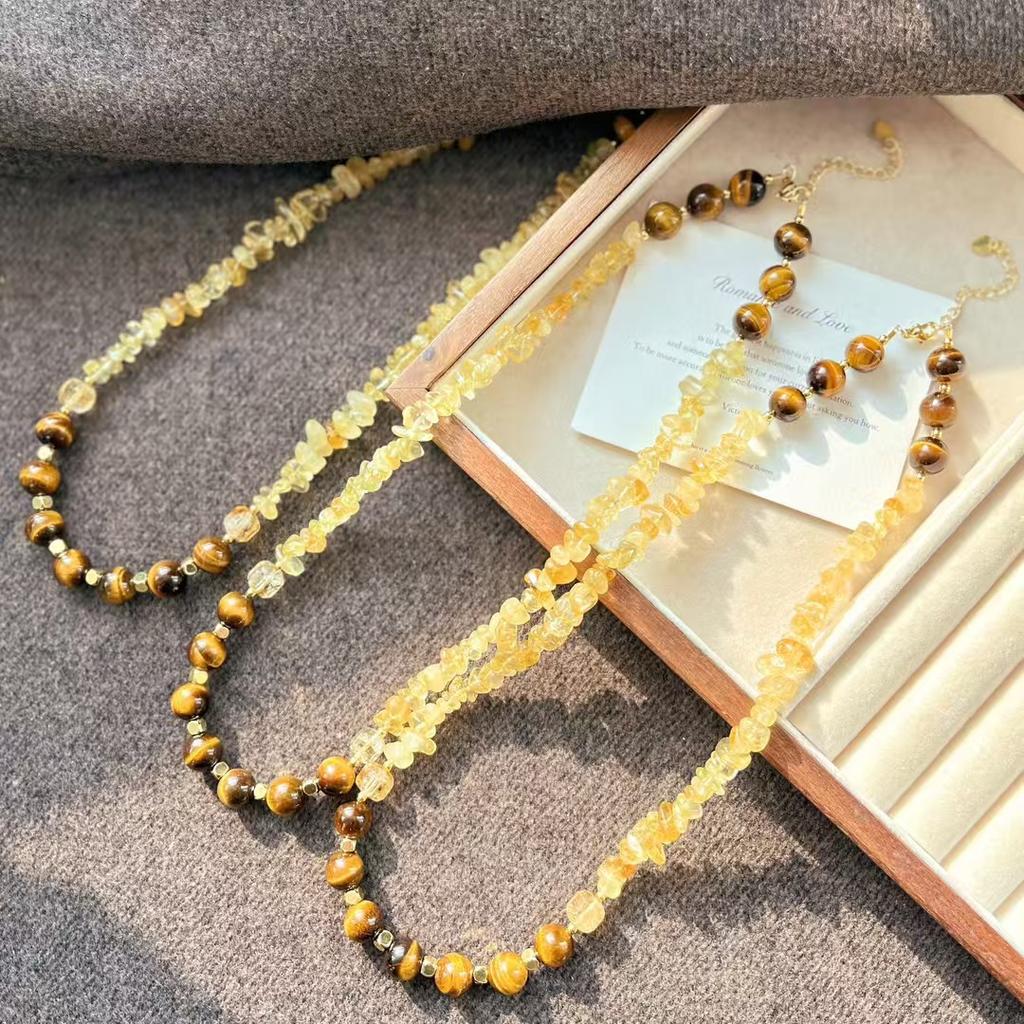 High Matching Retro High Quality Maillard Natural Tiger'S Eye Stone Citrine Collarbone Chain Necklace