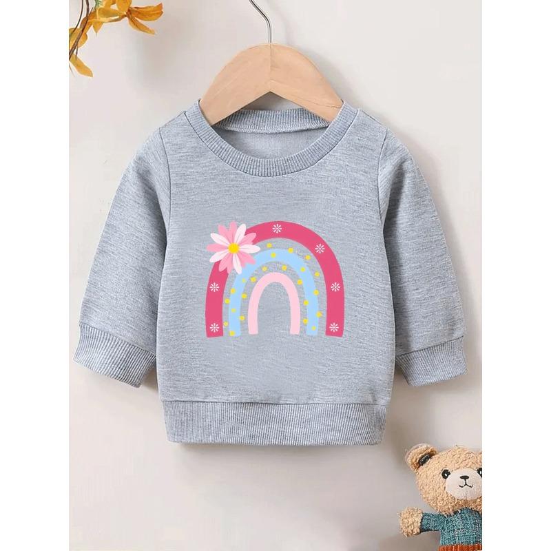 European sizes Cute Rainbow Floral Print Spring Thin Round Neck Sweatshirt 0-3 Years Kids' Comfortable Outdoor Outfit Choice