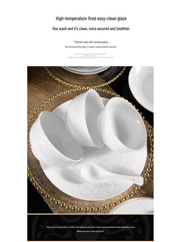 High-End Light Luxury Relief Porcelain Dinnerware Set - Simple White Design
