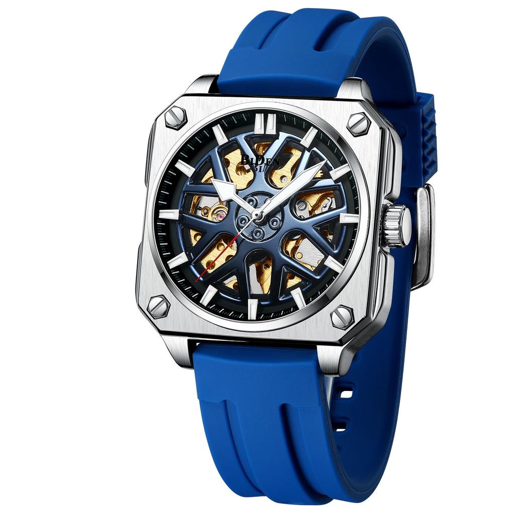 Biden Biden 0323 Relógio Mecânico Masculino Automático Completo, Pulseira Quadrada de Silicone Oca à Prova d'Água