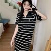 Women's Summer French Stripe Polo Dress - Short Sleeve, Embroidered, Knit, Stylish Loose Fit, Niche H-Line Design, New Arrival