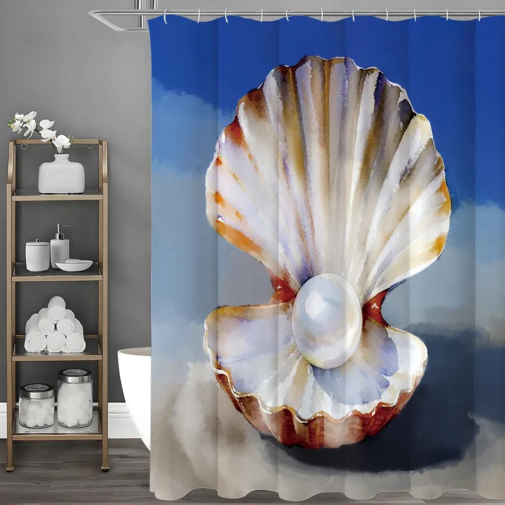 Aquarell Ozeanschale Perle Duschvorhang, Dekorativer Duschvorhang für das Badezimmer, Wasserdichter Duschvorhang mit Haken
