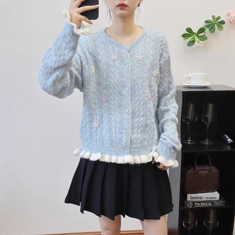 Autumn New Embroidered Loose Ruffle Edge Design Sense Knitted Cardigan Soft Waxy Sweet Sweater Jacket Women